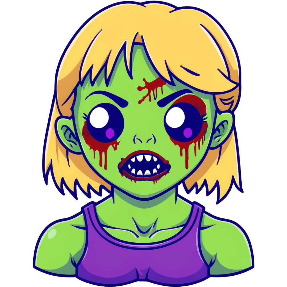 Zombie girl with green skin, purple bruises, gaping mouth, blonde long hair with bangs emoji