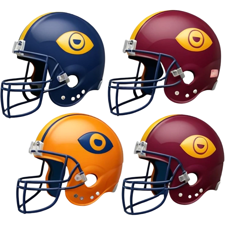 Football helmets in burgundy and gold and navy and orange, each with their respective team logo, facing off, emoji style emoji