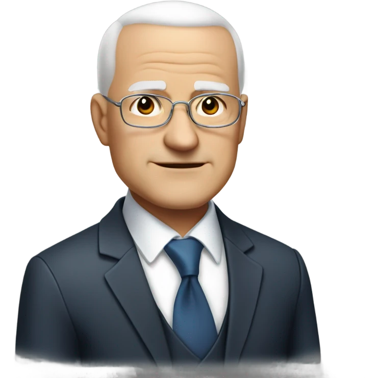 Man about 60 years old, bald with white hair only on the sides, large napia, with a very round face, small eyes, double chin and wearing a suit emoji