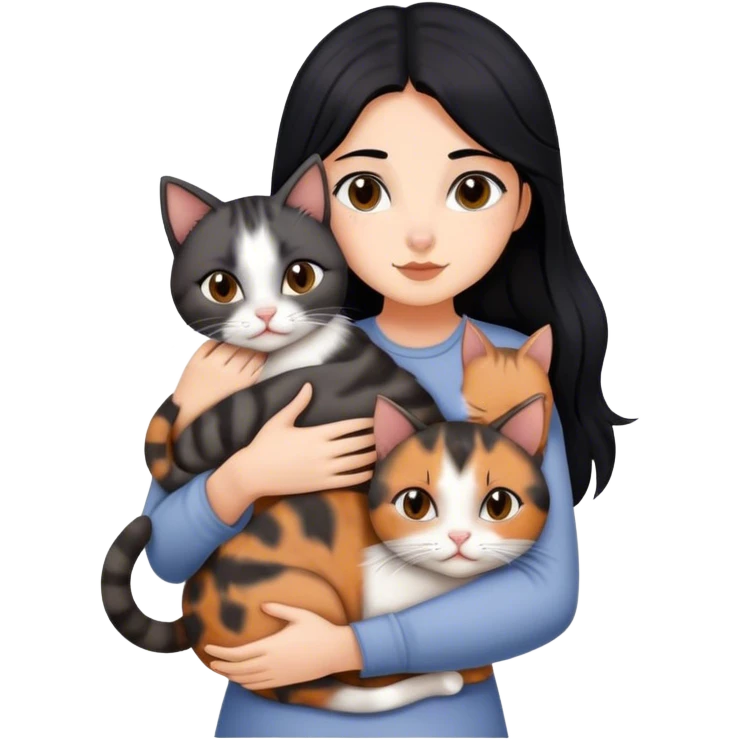 girl with black hair hugging three cats  (tortie cat, gray cat, brown calico cat) emoji
