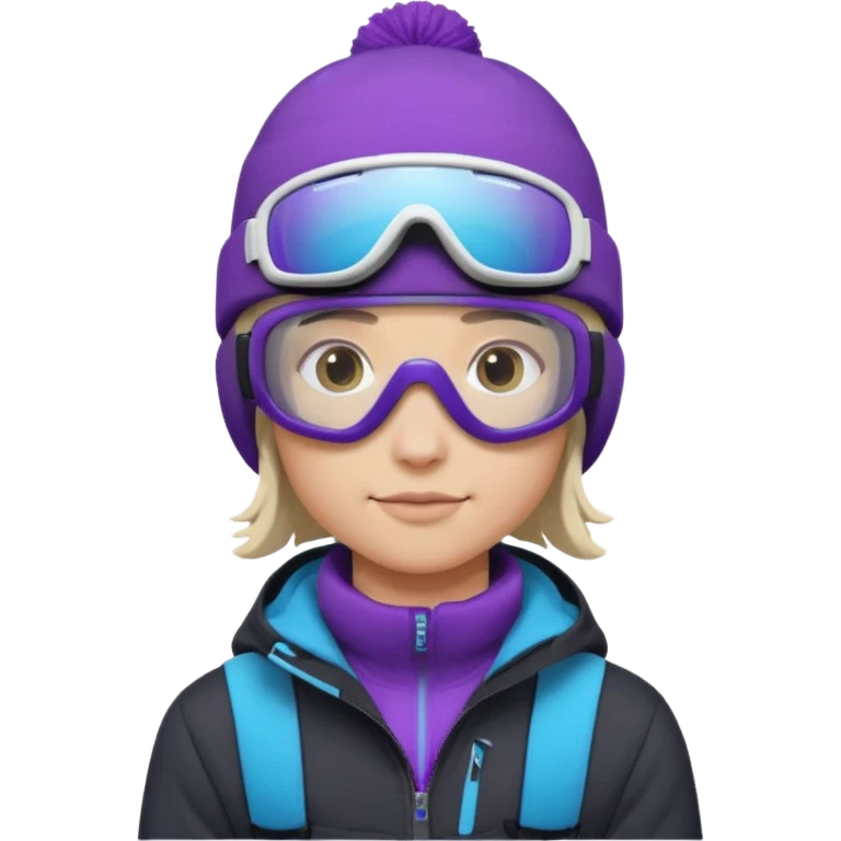Pro Snowboarder with white and grey beanie, purple and blue frameless goggles on and a black jacket emoji