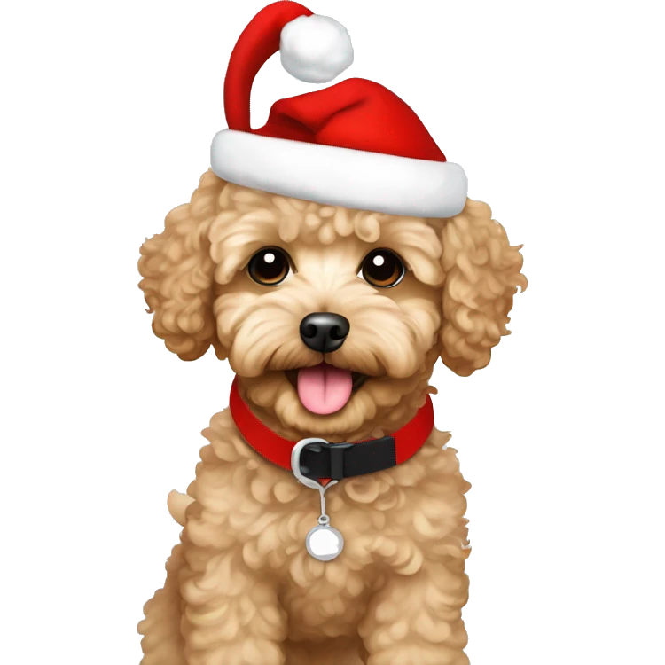 Cute tan curly Maltipoo with Santa hat and collar that says Milo  emoji