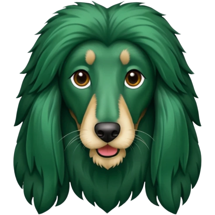 dark green dog extra furry afghan hound. The dog fur is totally dark green emoji
