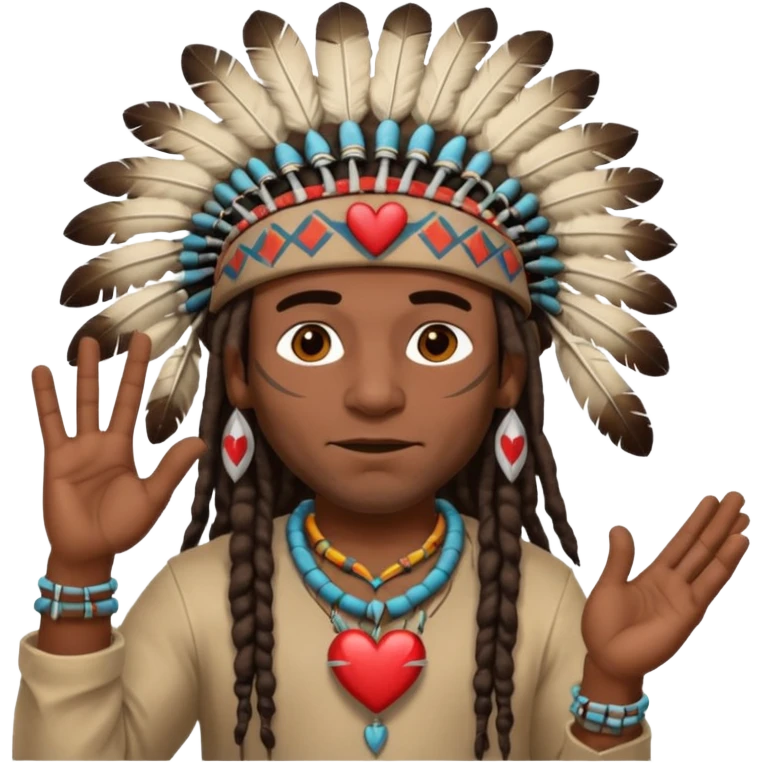 Black American man dark brown with dreads with a American Indian headdress with doing heart me emoji
