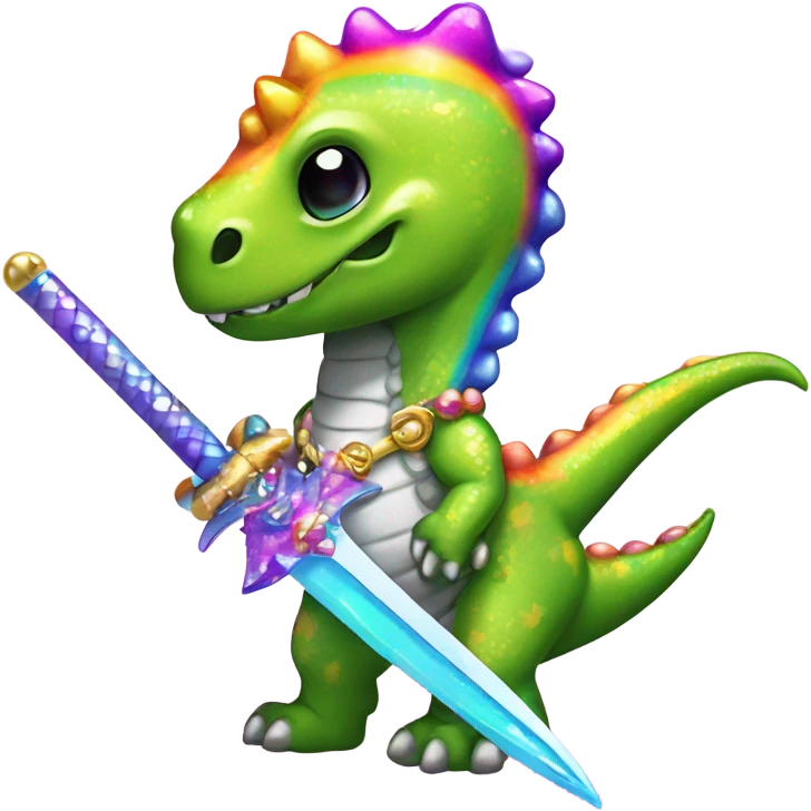 Lisa frank glitter rainbow cute dinosaur with sword and pearls emoji