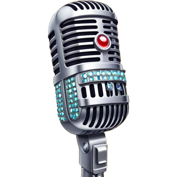 Create a glamorous and vibrant emoji representing stage vocal performance. The design should feature a humanless collage of classic vintage microphone, stage costume covered in rhinestones, sparkling brightly. The costume should be stylized, with glittering elements like sequins and sparkles, and reflect the glitzy, extravagant nature of show business. The microphone should have a sleek, retro look with chrome or metallic accents. Use rich, dazzling colors like gold, silver, deep purple, and bright red to evoke the glamorous, larger-than-life feel of a stage performance. The background should be transparent. emoji