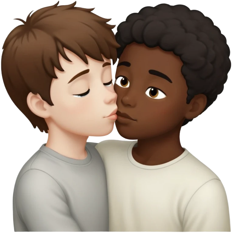 A pale boy with fluffy brown hair kissing a taller dark skinned boy with short black hair emoji