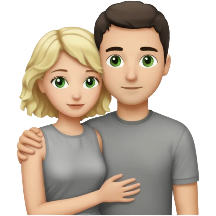 couple hugging.  girl is blonde with wavy hair. man is tall with dark hair in a crew cut. both have green eyes. both are white people. emoji