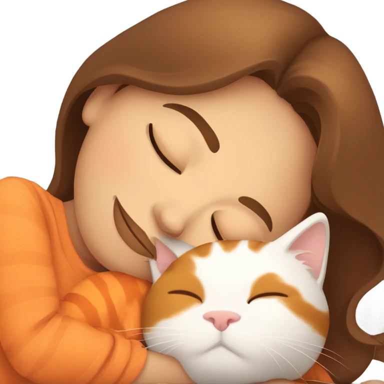 White girl brown hair sleeping with orange kitty emoji
