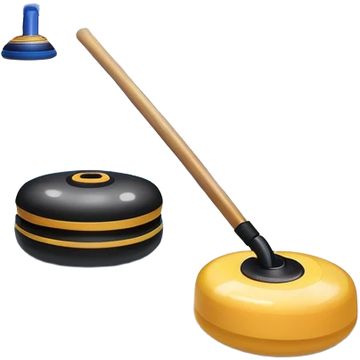 please, An icon featuring the curling rink, with its distinctive circles and a vibrant crowd in the stands. Snowflakes fall outside the arena, and bright lights illuminate the ice. a close-up curling stone sliding across the ice, with a broom nearby. Transparent background. emoji