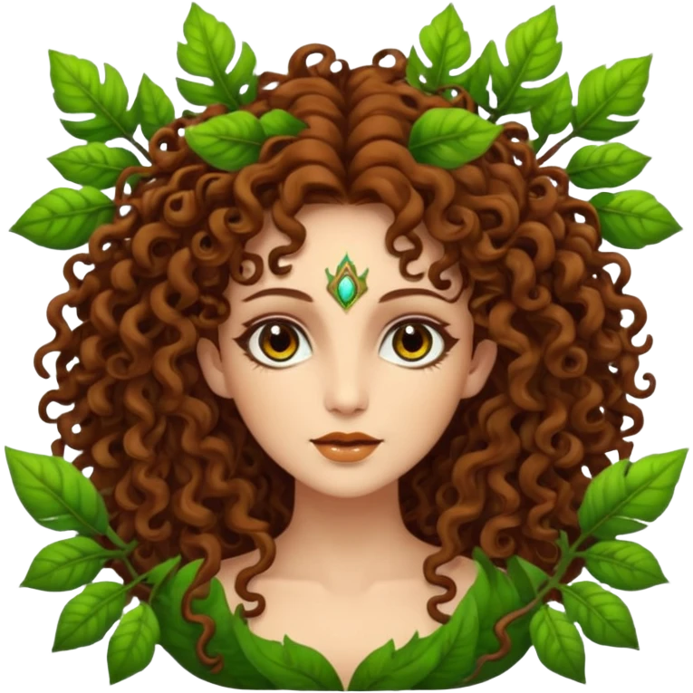 Psychedelic goddess of the forest with brown eyes , brown curly hair emoji