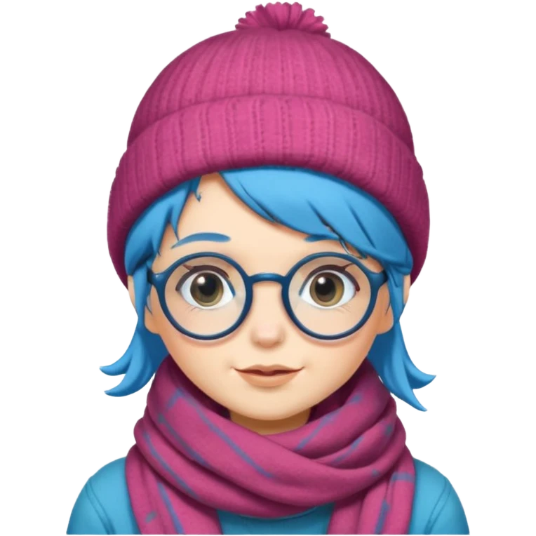 A shy blue straight hair woman with big round glasses and thick scarf and a beanie, blushing from the cold. emoji