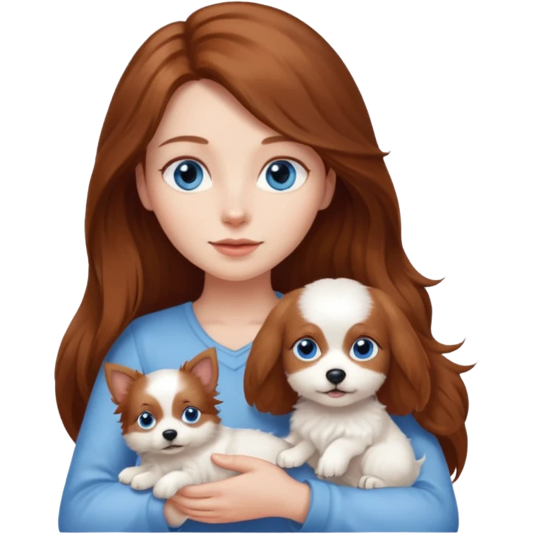 long hair chestnut color blue eyes woman holding small completely white dog emoji