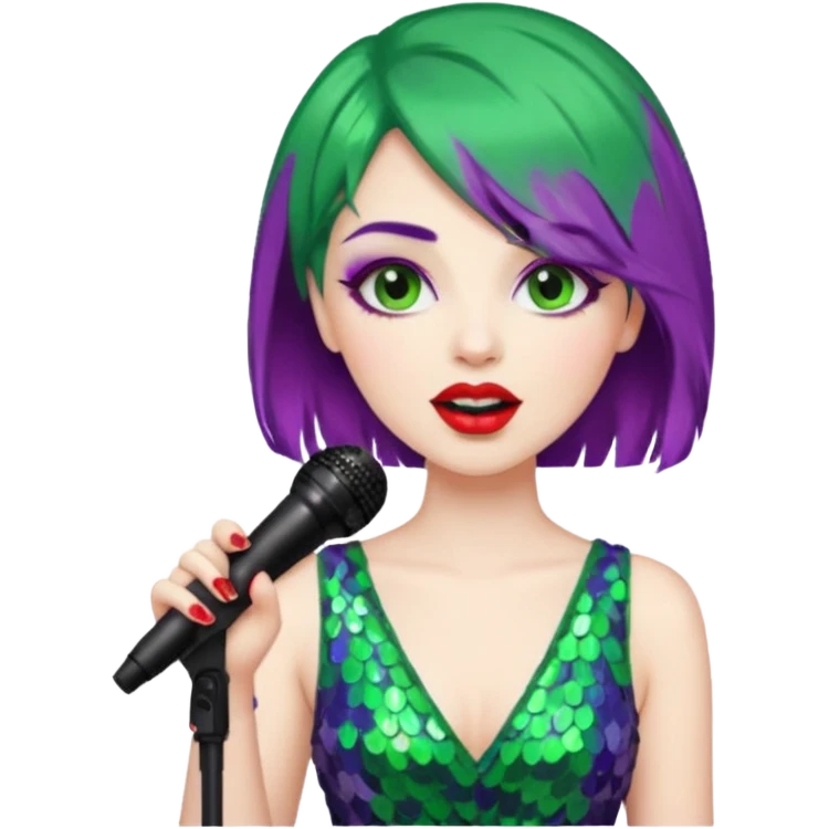 female joker with dress, microphone, singing emoji