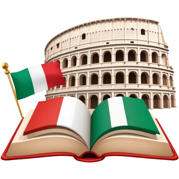 An icon featuring the Colosseum and the flag of Italy, symbolizing the Italian language. The design includes an open book with Italian phrases and a gondola, representing language learning and cultural exploration. Transparent background emoji