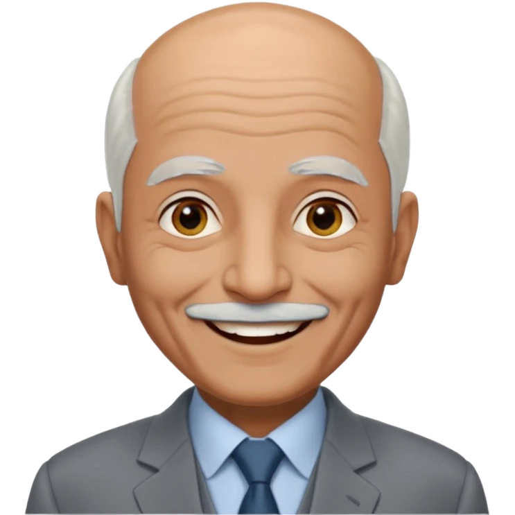 70 yr old man, almost bald, some white hair, pakistani, light grey business suit, big smile, dark skin, no facial hair
 emoji