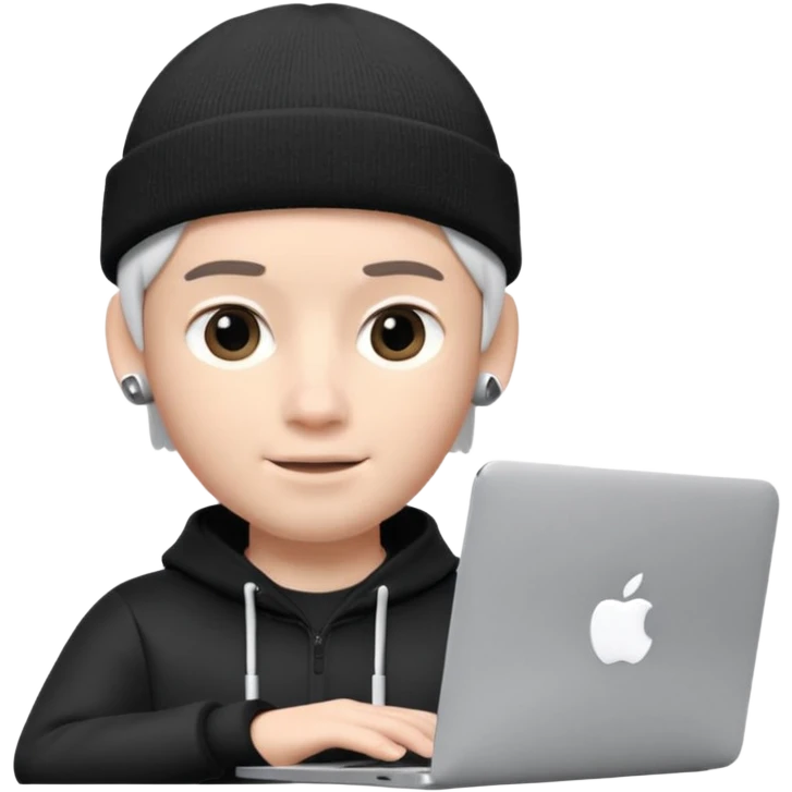 Apple Memoji–style 3D avatar of a young male with a beanie and AirPods, using a laptop, soft lighting, white background. emoji
