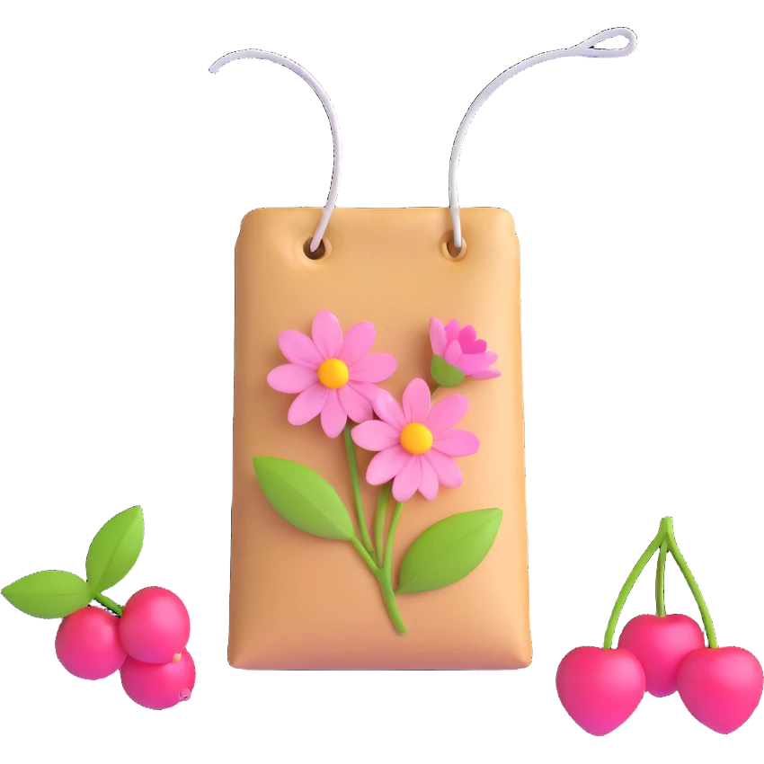 A tea bag with pink flowers and cherries emoji