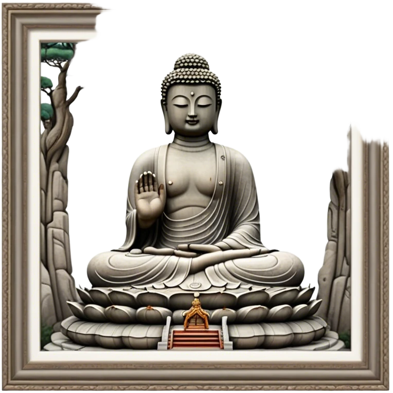 Cinematic Realistic image of the Big Buddha Monument of Sinheungsa Temple, portrayed as a towering, serene Buddha statue carved from weathered stone with intricate details and a gentle meditative expression, set within an ancient temple landscape enveloped in soft, ethereal lighting that underscores its spiritual majesty. emoji