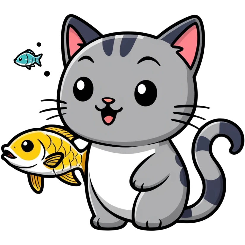 cat with fish in mouth cartoon style emoji