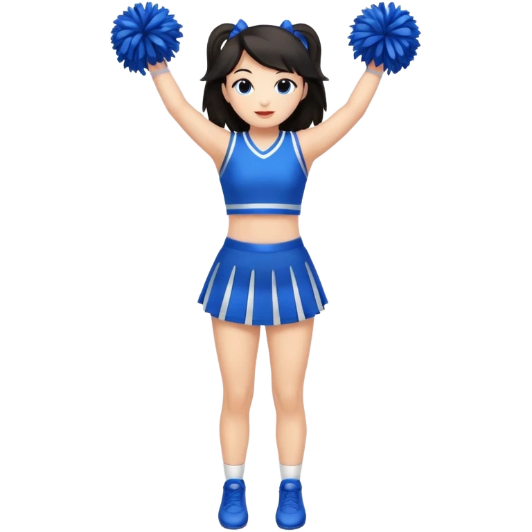 give me a full-length cheerleader with dark hair and blue pom poms emoji