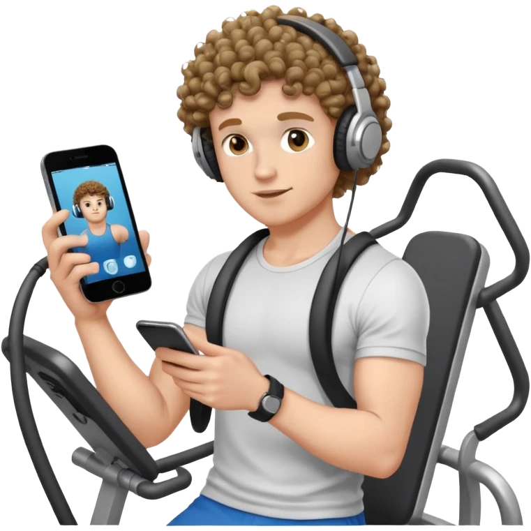 Curly haired white Boy holding phone, headphones on at gym emoji