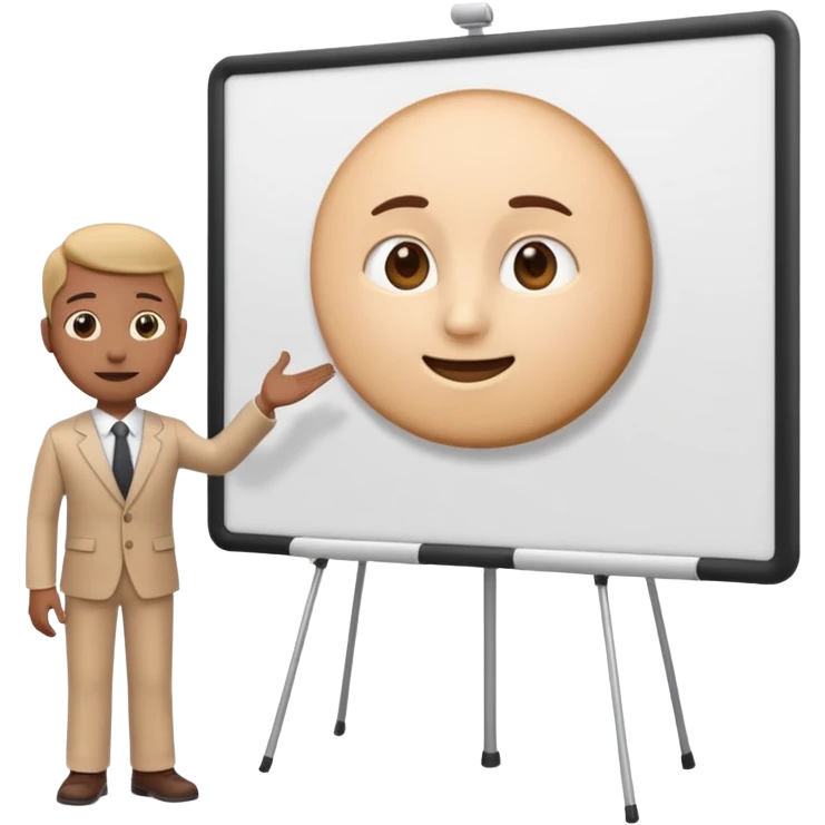 A clean emoji-style illustration of a person giving a presentation, standing next to a large presentation board on a stand, board empty and white, no podium, no desk, no table, friendly proportions, soft 3D emoji style emoji