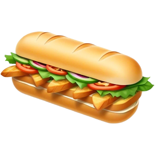 Banh Mi Cinematic Realistic Banh Mi Sandwich Dish Emoji, depicted as a simple, small baguette filled with fresh ingredients, rendered with crisp textures and vibrant, inviting lighting. emoji
