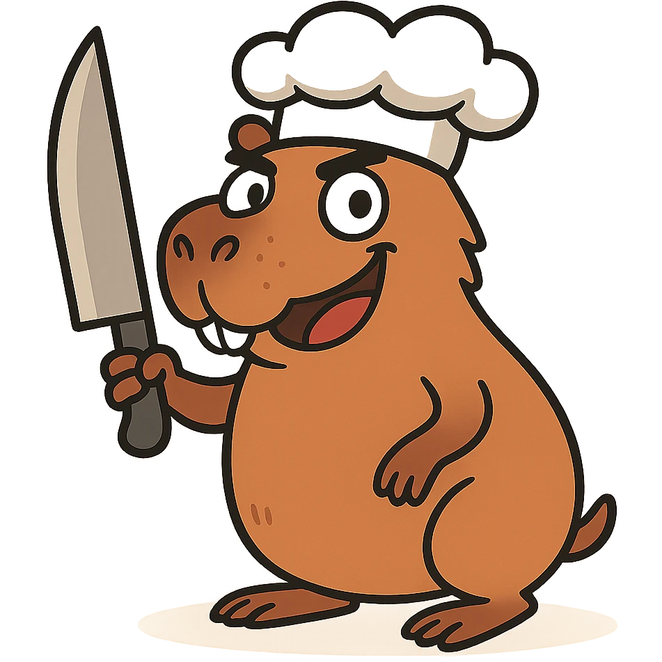 Add a playful and cute chef hat to the cartoon capybara holding a knife, keeping the overall style playful and cute. emoji