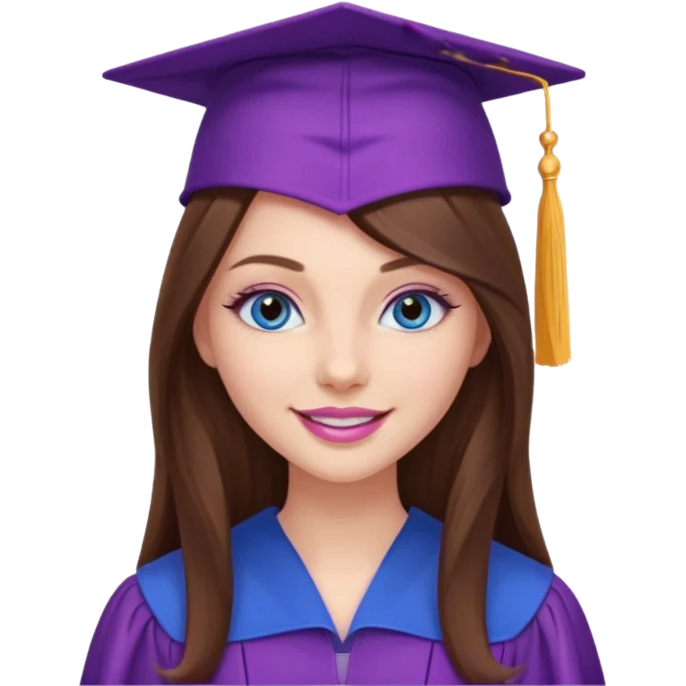 girl with beautiful extremely long brown hair, blue eyes, long lashes makeup, sexy pink lips, wearing a purple graduation cap and gown emoji