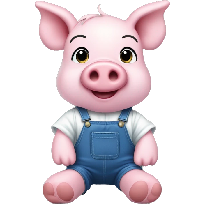 Soft toy pink pig, in blue overalls and white sleeves shirt, soft plush paws and legs, on the snout two crosses instead of nostrils, ears, no tail and hair, black eyes emoji