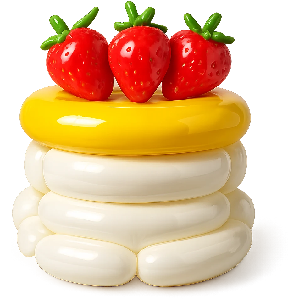white cake with strawberries on top, balloon style emoji