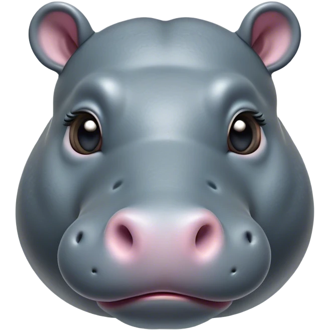 Cinematic Cute Hippo Portrait Emoji, Head tilted playfully and inquisitively, featuring a glossy slate-gray hide with a gentle sheen and round, sparkling eyes filled with curious charm, Simplified yet irresistibly adorable features, highly detailed, glowing with a warm, friendly glow, high shine, affectionate and serene, stylized with a touch of aquatic whimsy, bright and endearing, soft glowing outline, capturing the essence of a mischievous yet loving hippo, so playful it feels like it could splash out of the screen and into your arms! emoji