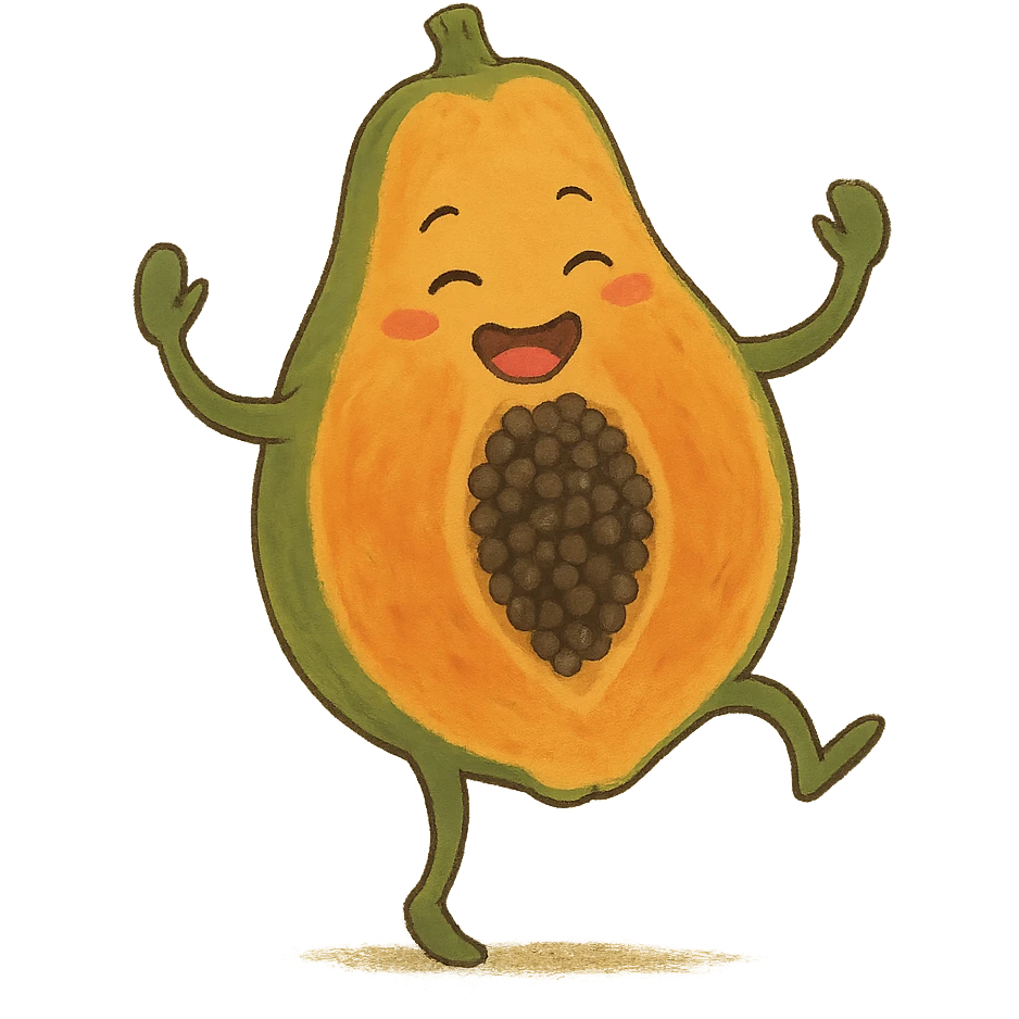 dancing papaya fruit character, ghibli style, lively and cute emoji