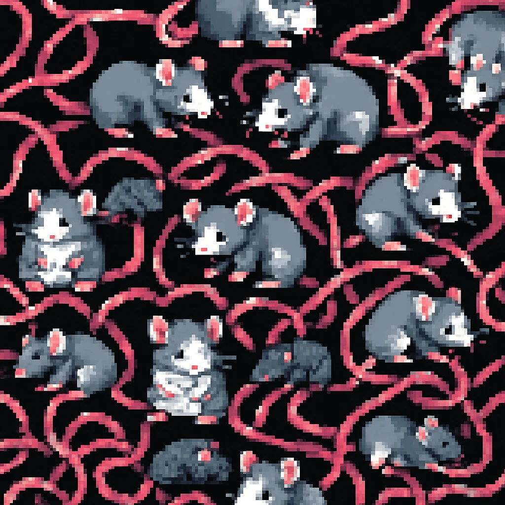 Enhance the image to show more tangled tails among the rats in a pixel art style. Emphasize the pixel art aesthetic with clear, blocky pixels and vibrant colors typical of pixel art. Increase the complexity and visibility of the tails to appear more intertwined and tangled, while maintaining the pixel art style. emoji