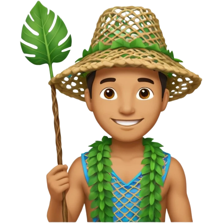 Hawaiian man with leaf hat and big net and colorful cloth emoji