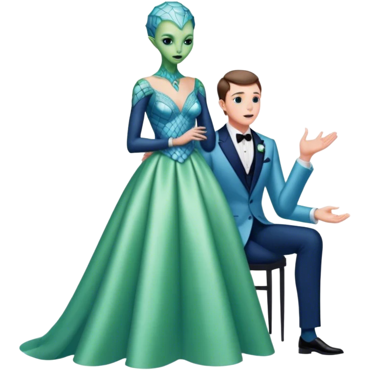 alien reptilian green skin woman, in long slim pastel blue formal party satin dress with gradient shiny sparkling navy blue diamonds embroidered , and caucasian man in black dres on his knees asks her to marry her emoji