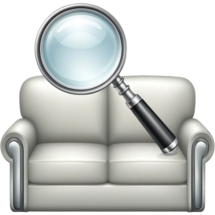 first-person view of a magnifying glass in foreground with a couch visible through the lens, furniture inspection emoji