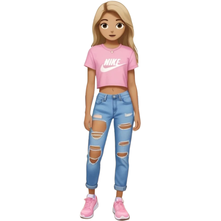 preppy teenage girl, tan, less blonde highlights, brown long hair, long eyelashes, beach aesthetic, wearing cute clothes, wearing ripped blue long baggy jeans with a light pink sexy crop top, wearing Nike shoes, very sexy, very long eyelashes, very pretty emoji