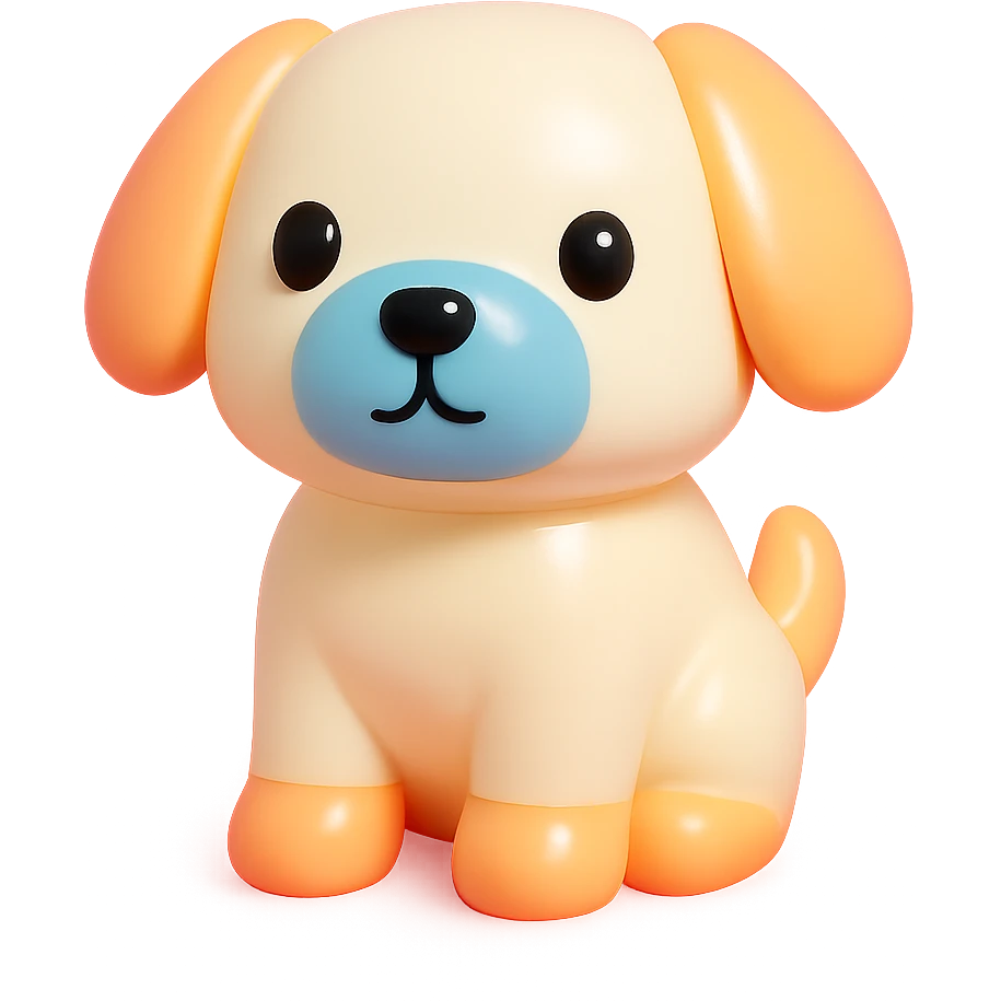               Transform {subject} into a soft vinyl figure with a smooth, glossy surface. The material should look slightly rubbery and tactile, with minimalistic curves and a matte-gloss hybrid finish. Use pastel or soft solid colors. The surface is seamless, with no visible textures or roughness. Studio lighting, vibrant background, clean, playful, designer toy aesthetic and no shadows. {subject} = dog emoji