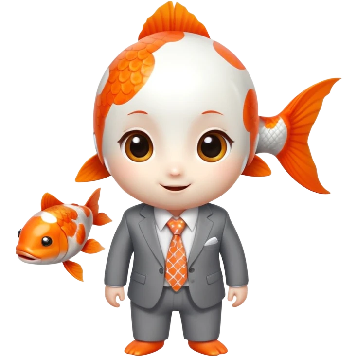 A super cute and fun koi fish character with big anime eyes, rosy cheeks, playful smile, sleek rounded body with orange and white patterns, wearing a neat business suit, white shirt, and tiny tie emoji
