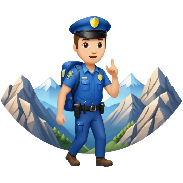 Adventurous man hiking with a police badge with mountains in the background emoji