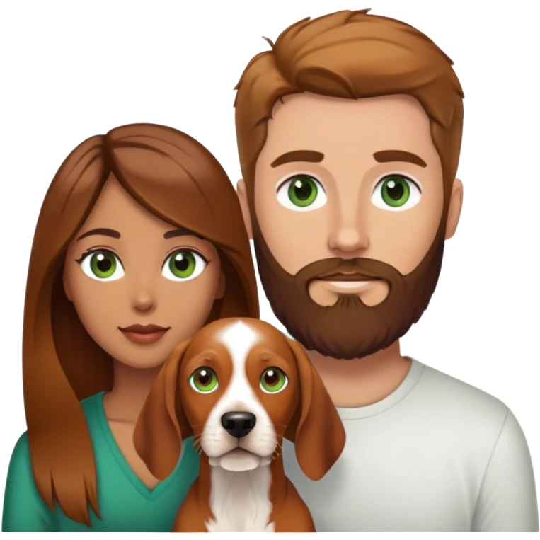 White male with green eyes and beard and brown hair and Hispanic female with brown eyes and balayage long hair and vizsla dog emoji