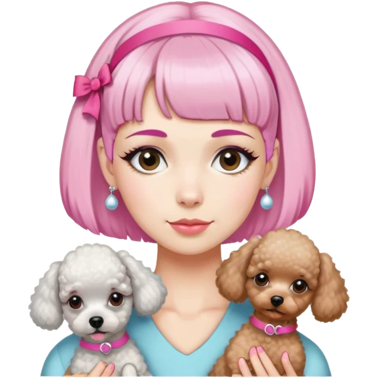 short pixie bangs platinated woman pink hair band，fair-skinned ,no earringsholding two poodles emoji