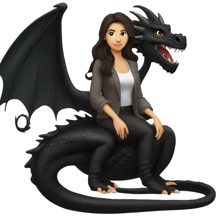 Beautiful white woman with long wavy dark brown hair riding a black dragon emoji