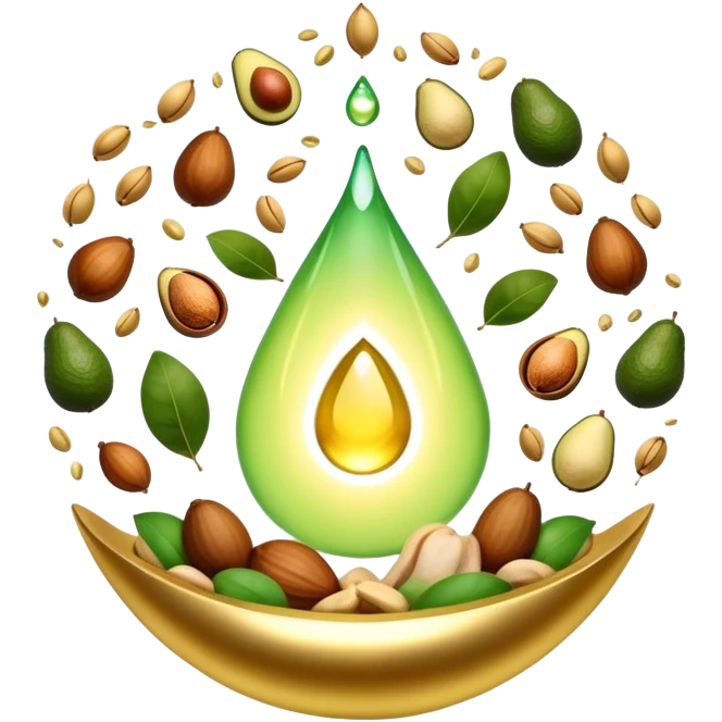 Floating aura in the shape of a golden and jade green drop, with bright icons of avocado, nuts, olive oil and ethereal fish spinning in a circle, surrounding a warm heart and illuminated brain, wrapped in a soft glow of protection and stable energy emoji