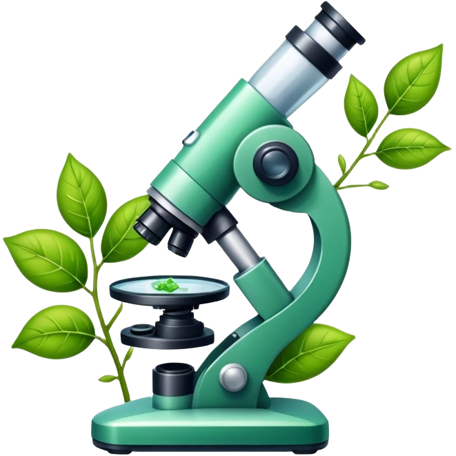 An icon featuring a DNA strand, a microscope with visible cells, and a green leaf, symbolizing biology. The design includes animal cells, plant structures, representing the study of living organisms and ecosystems. Transparent background highlights life sciences and biological research. emoji