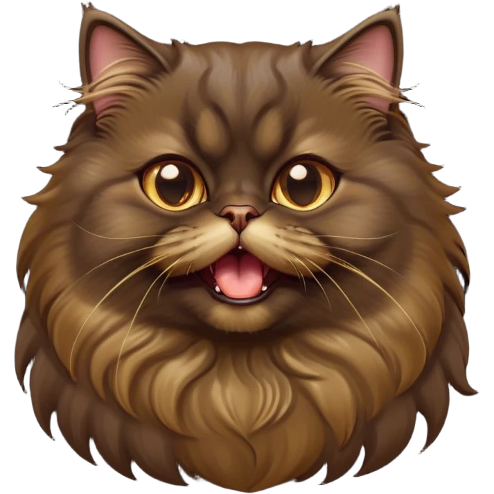 Cinematic Adorable Big-Eyed Fluffy Dark Brown Persian Cat Portrait Emoji, Head tilted playfully with a cute, exaggerated yawn, fluffy dark brown fur with rich caramel and gold undertones, Simplified yet irresistibly cute features with large, expressive eyes, highly detailed, glowing with a warm and gentle glow, high shine, a mix of affectionate and sleepy, stylized with a touch of whimsy, bright and full of charm, soft glowing outline, capturing the essence of a fluffy, loving kitty yawning in the most adorable way, so endearing it feels like it could leap out of the screen and stretch out for a cuddle! emoji