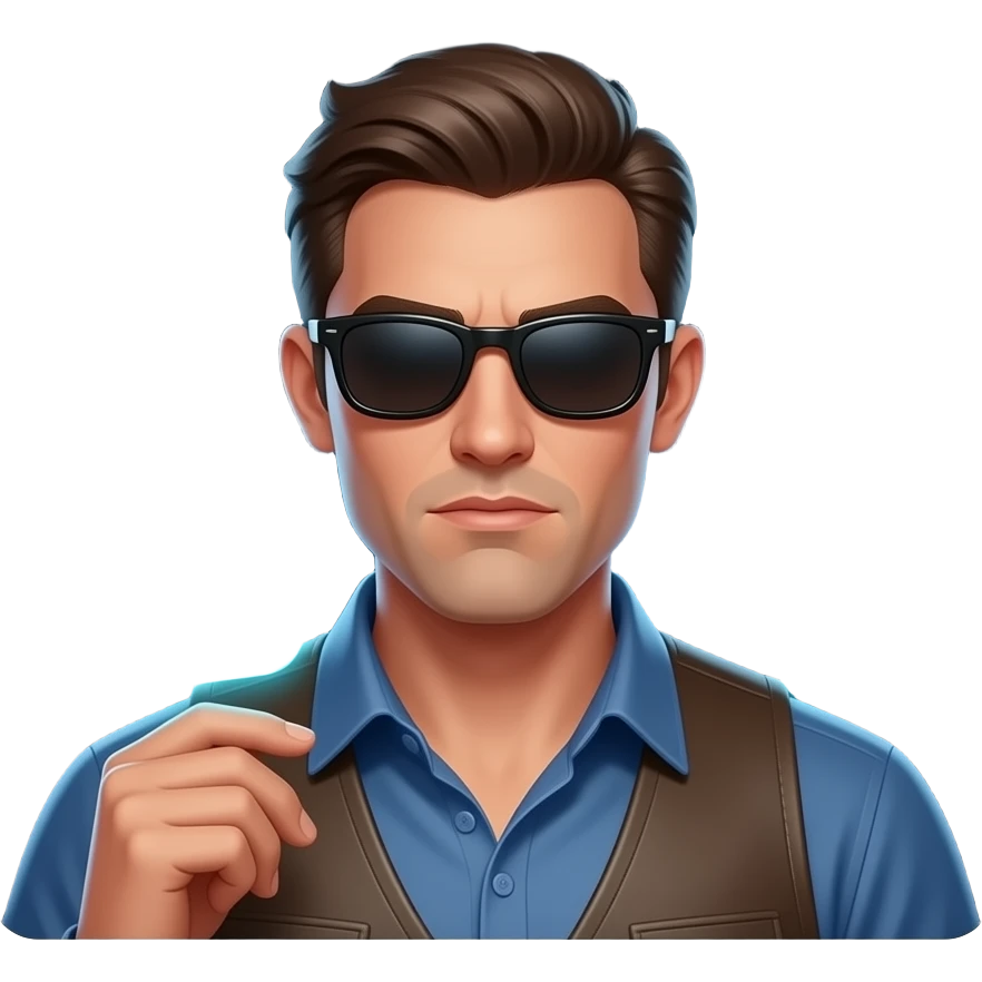 A informal man with sunglasses, glowing digital, symbols on the around, a floating glow Facebook logo on the left shoulder, looking at viewer with serious, cowboy shot. Text on below: 'What's your topic, lady?' shimmering a red x and a green check icons emoji