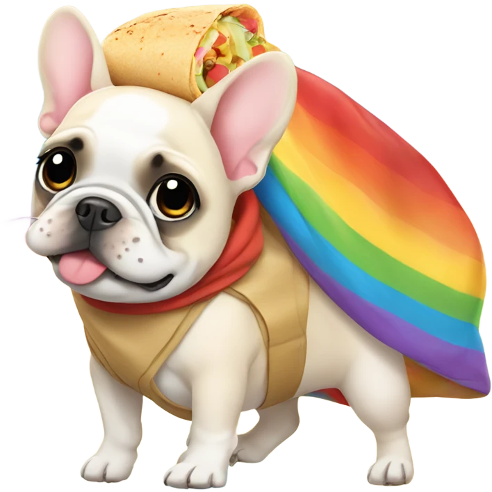 Cream French Bulldog wearing a burrito costume walking on a rainbow emoji